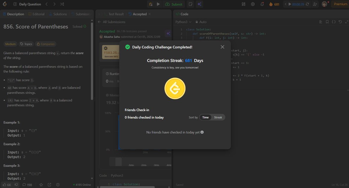 akashasahu07's tweet photo. Day - 681
Solved a stack problem today ⚡
Used a stack to track nested scores and calculate the total score of the balanced parentheses string.
#1000DaysOfCode #LeetCode #DSA #Python #Stack https://t.co/Z8Xd95cH2q