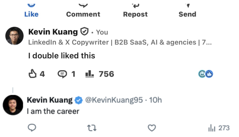 KevinKuang95's tweet photo. Replies are the easiest way to get seen yet nobody uses them.

Mine got 4,636 impressions across both platforms in the past few days.

It only takes a few seconds each and you don't even need to stress over hooks, edits, or how it'll perform.

Easiest way to get in front of someone new.

That's why I always try to reply to every comment on my own posts as soon as I can.

I will always recommend this.