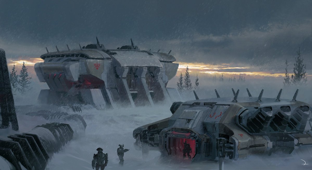 Mr_Rebs_'s tweet photo. Halo Studios shared new concept art of Halo Infinite’s Zeta Halo, titled “Meanwhile on Zeta Halo”: “The battle for Zeta Halo encompasses much of the ring's surface, taking place in vast fields of snow and ice, deep jungles with Banished steel embedded into mighty trees looming over the wetlands, sand-blasted ruins that were once home to the Tudejsa.” #Halo