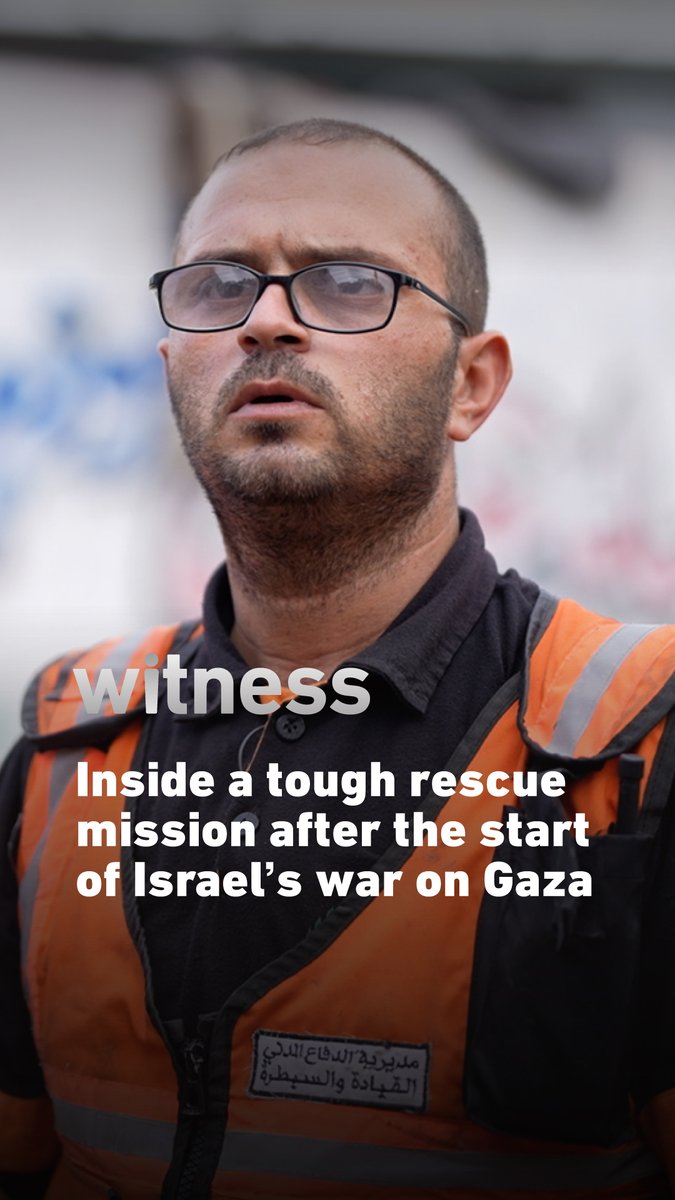 A man with glasses wearing an orange emergency vest appears in a thumbnail image with text reading 'witness — Inside a tough rescue mission after the start of Israel's war on Gaza'.