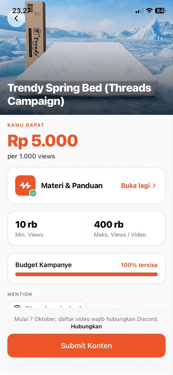 bardanslm's tweet photo. baru tau ada trybuzzer 😳
saya coba instal dan buka. 
walau nama appsnya "buzzer" tp rata2 ini campaign marketing produk isinya. 

dan formatnya gak harus video ternyata beda sama clipper, udah disediain jg poto/video kita gak perlu potong2 lg. 
campaign bisa jg IG, tiktok dan threads. twitter bener2 udah ditinggalkan yakkk 😂

jadi keuntungan kita yg buat campaign: 
- dibayar tergantung view, setiap brand ngasih tau berapa yg dibayar per viewnya
- boleh masukin sekalian link shopee aff kita sendiri

contoh salah 1 dari brand trendy spring bed, dia mau campaign organik di threads
- kita akan dibayar 5000 rupiah/1000 view, minimal view yg dibayar 10.000, maksimal view 400.000. 
artinya kalau view kita 10 ribu akan dibayar 50K, kalau view kita 400.000 keatas akan dibayar Rp 2 juta rupiah
- wajib pake minimal 1 poto/video dari mereka 

lebih fair menurutku karna minimal viewnya masih 10 ribu bukan 1 juta, jadi chance buat dibayar lumayan, blm lagi bisa dapet dr shopee affiliate pribadi

menarik gak gaes menurutmu in this economy???