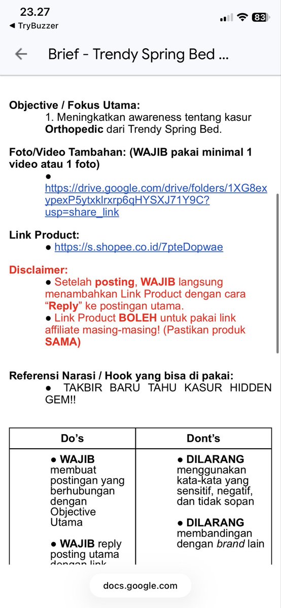 bardanslm's tweet photo. baru tau ada trybuzzer 😳
saya coba instal dan buka. 
walau nama appsnya "buzzer" tp rata2 ini campaign marketing produk isinya. 

dan formatnya gak harus video ternyata beda sama clipper, udah disediain jg poto/video kita gak perlu potong2 lg. 
campaign bisa jg IG, tiktok dan threads. twitter bener2 udah ditinggalkan yakkk 😂

jadi keuntungan kita yg buat campaign: 
- dibayar tergantung view, setiap brand ngasih tau berapa yg dibayar per viewnya
- boleh masukin sekalian link shopee aff kita sendiri

contoh salah 1 dari brand trendy spring bed, dia mau campaign organik di threads
- kita akan dibayar 5000 rupiah/1000 view, minimal view yg dibayar 10.000, maksimal view 400.000. 
artinya kalau view kita 10 ribu akan dibayar 50K, kalau view kita 400.000 keatas akan dibayar Rp 2 juta rupiah
- wajib pake minimal 1 poto/video dari mereka 

lebih fair menurutku karna minimal viewnya masih 10 ribu bukan 1 juta, jadi chance buat dibayar lumayan, blm lagi bisa dapet dr shopee affiliate pribadi

menarik gak gaes menurutmu in this economy???