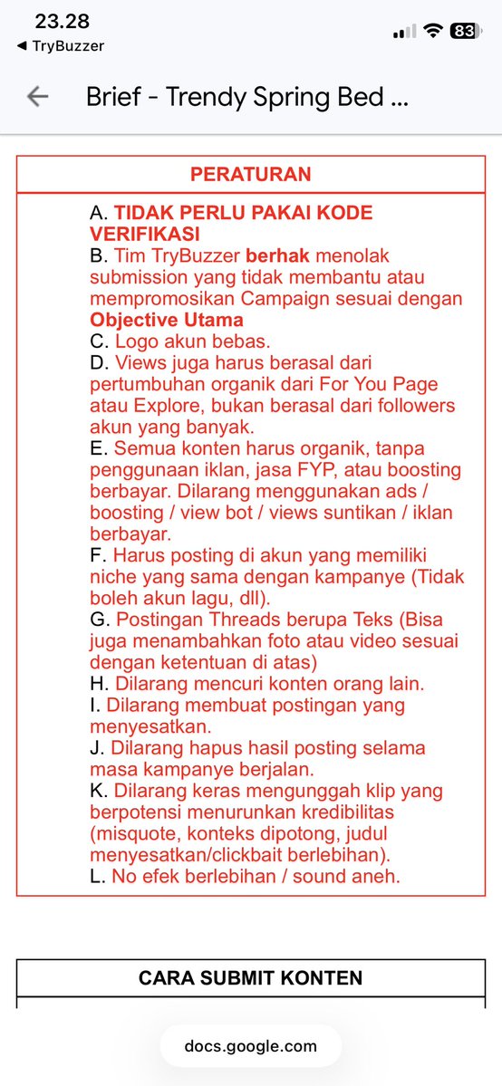 bardanslm's tweet photo. baru tau ada trybuzzer 😳
saya coba instal dan buka. 
walau nama appsnya "buzzer" tp rata2 ini campaign marketing produk isinya. 

dan formatnya gak harus video ternyata beda sama clipper, udah disediain jg poto/video kita gak perlu potong2 lg. 
campaign bisa jg IG, tiktok dan threads. twitter bener2 udah ditinggalkan yakkk 😂

jadi keuntungan kita yg buat campaign: 
- dibayar tergantung view, setiap brand ngasih tau berapa yg dibayar per viewnya
- boleh masukin sekalian link shopee aff kita sendiri

contoh salah 1 dari brand trendy spring bed, dia mau campaign organik di threads
- kita akan dibayar 5000 rupiah/1000 view, minimal view yg dibayar 10.000, maksimal view 400.000. 
artinya kalau view kita 10 ribu akan dibayar 50K, kalau view kita 400.000 keatas akan dibayar Rp 2 juta rupiah
- wajib pake minimal 1 poto/video dari mereka 

lebih fair menurutku karna minimal viewnya masih 10 ribu bukan 1 juta, jadi chance buat dibayar lumayan, blm lagi bisa dapet dr shopee affiliate pribadi

menarik gak gaes menurutmu in this economy???