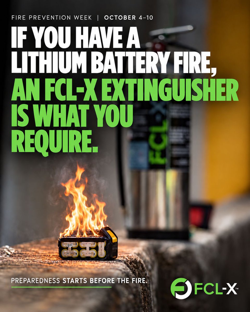 FCLXFireSafety's tweet photo. Fire Prevention Week is here. 🔋

Phones. Laptops. Power tools. Battery awareness starts with what you use every day.

Check your charging setup. Review device instructions. 

Explore FCL-X: https://t.co/Do6uxwWBSw

#FirePreventionWeek #FCLX https://t.co/FxyXdsjJve