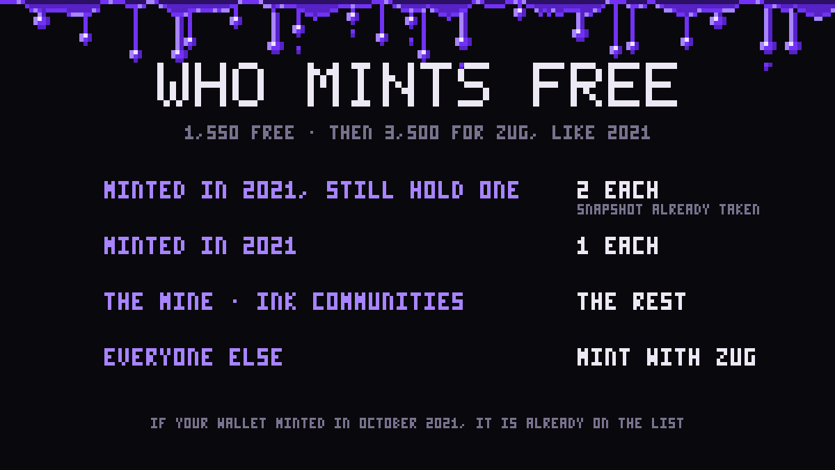 OrcsOnINK's tweet photo. Who mints free: every wallet that minted an orc in October 2021, 966 of them, from the mint logs. 2 seats if it still holds one (snapshot already taken). The rest go to the Miners and Ink communities.

Who mints free: every wallet that minted an orc in October 2021, 966 of them, from the mint logs. 2 seats if it still holds one (snapshot already taken). The rest go to the Miner and Ink communities.