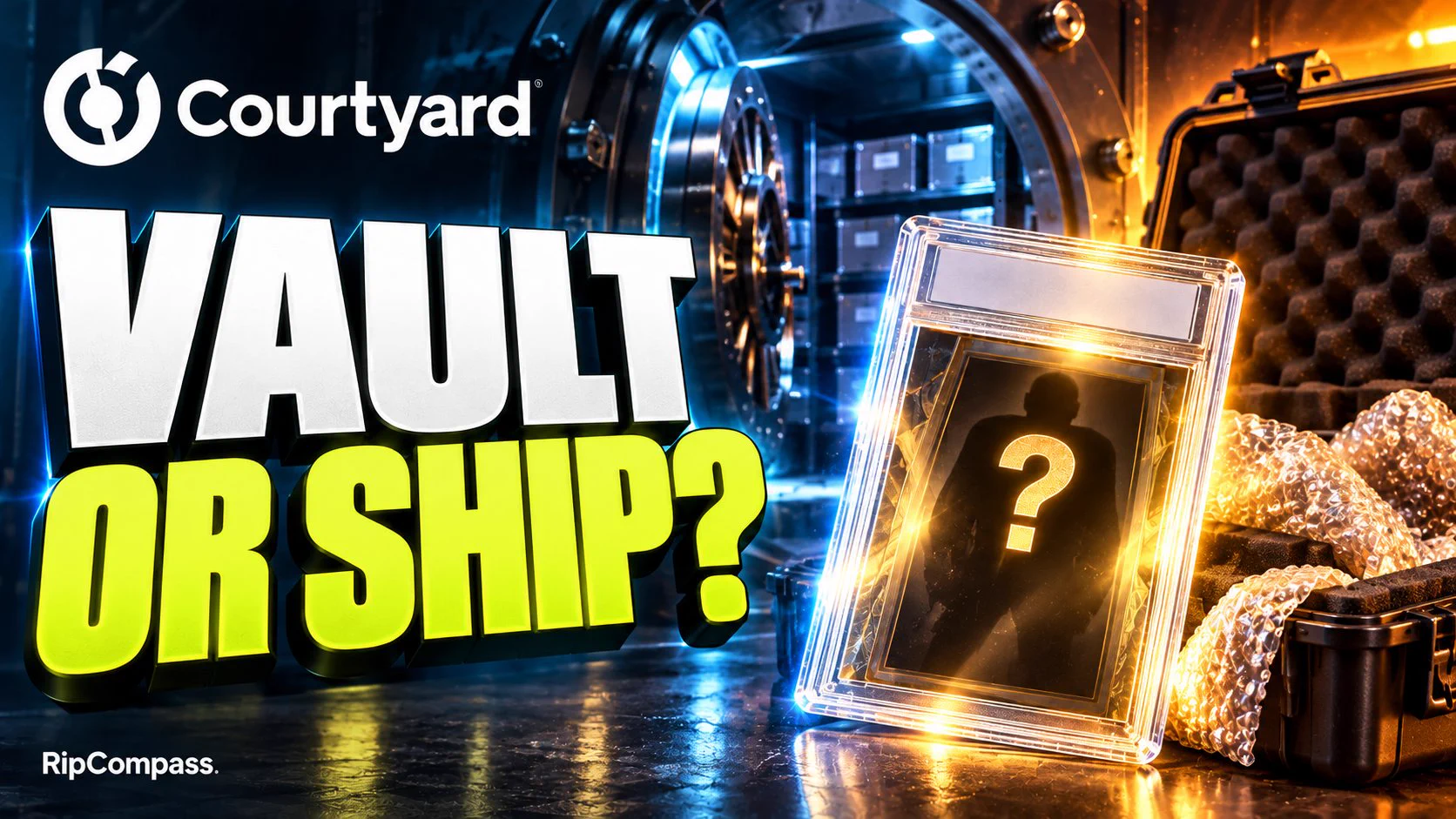 Courtyard logo and “Vault or ship?” beside a cinematic conceptual card vault and protected slab. RipCompass editorial illustration.