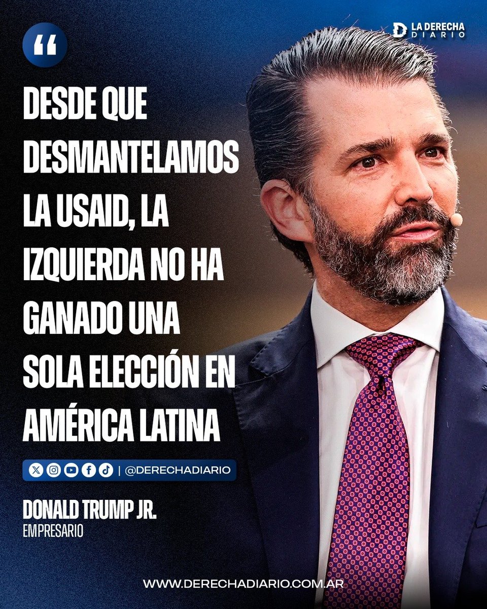 laderechadiario's tweet photo. 🚨🇺🇸🌎 | “LA IZQUIERDA NO HA GANADO UNA SOLA ELECCIÓN”: Donald Trump Jr. vinculó la racha de victorias de la derecha en América Latina con el desmantelamiento de USAID y acusó a los demócratas de utilizar la agencia para financiar ONGs y redes activistas de la izquierda.

“Gracias a Elon Musk por sacar esto a la luz. El negocio se terminó”.
