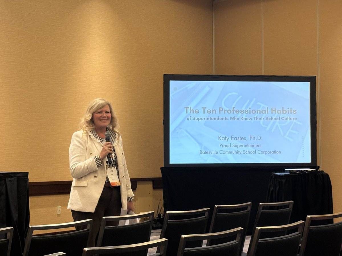 walker8208's tweet photo. So proud of my friend and colleague Dr. Katy Eastes on a great @IAPSS_ORG @isbanews session! It was interesting to hear her research on the ten professional habits of superintendents who know their school culture! #INFallCon26 https://t.co/tBrMZcbFp2