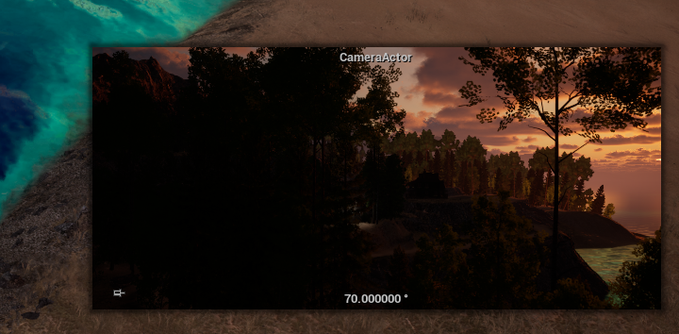 A screenshot of a game editor (CameraActor) showing a landscape scene at sunset with a field of 70.000000 degrees displayed.