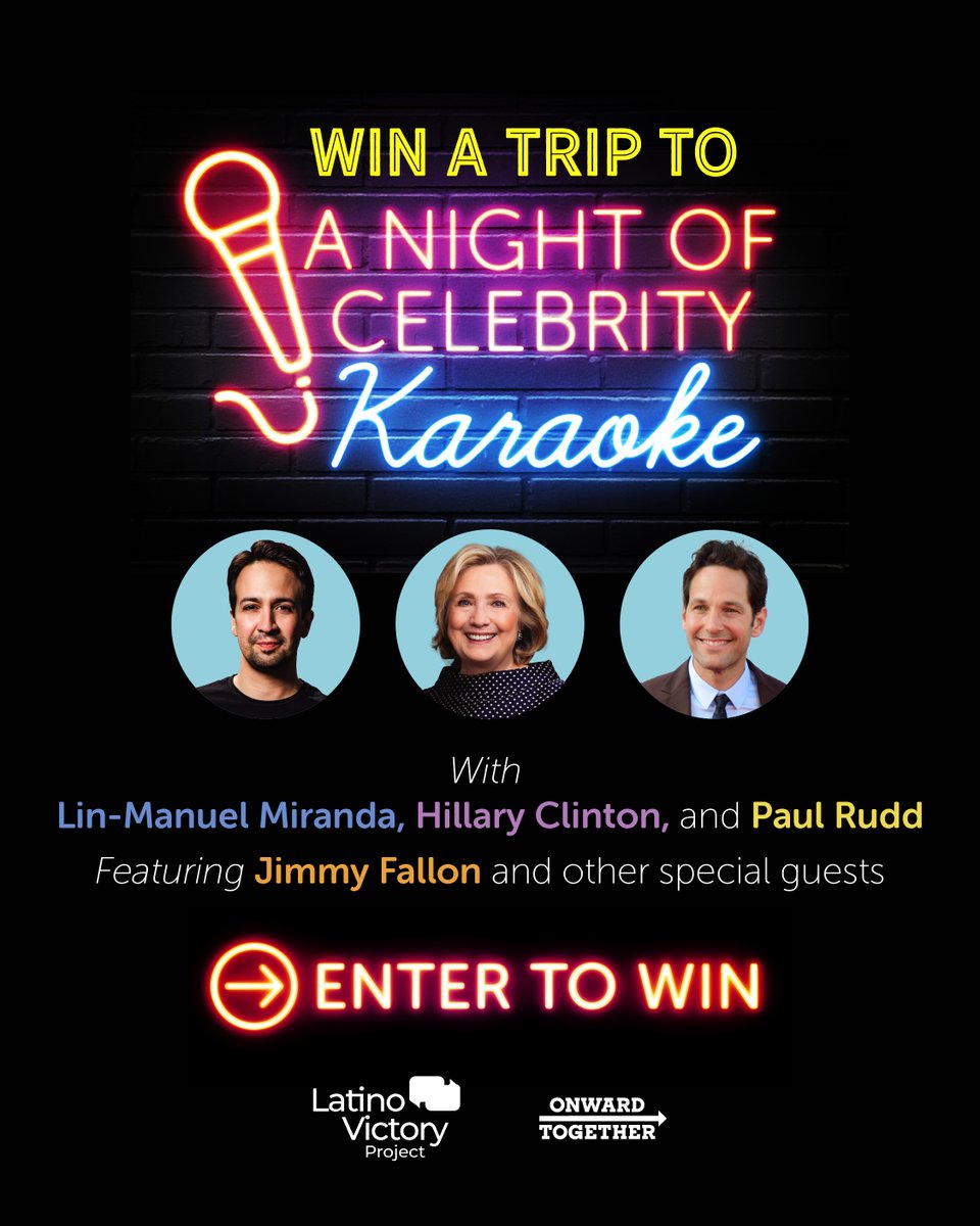HillaryClinton's tweet photo. Deadline tonight! 

Take your last opportunity to enter for a chance to see @Lin_Manuel, Paul Rudd, @jimmyfallon and more belt their hearts out for a great cause. https://t.co/4cDoz1n4yy https://t.co/RgVB6LlPYn