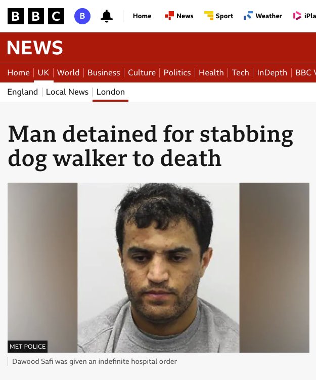 policylaila's tweet photo. He’s not a ‘dog walker’, BBC. His name is Wayne Broadhurst and he was brutally murdered by an illegal migrant in London. 

His killer was smuggled into the UK hidden in a lorry in November 2020 and lied about his age to gain asylum.

He has now been given an indefinite hospital order. The doctor who assessed him spoke of protecting the public “in anticipation of his release into the community”.

What community is that exactly? Who wants to accept this deranged killer? Wayne Broadhurst’s killer should never be released back onto Britain’s streets. He should be deported.

The judge has recommended that he be deported, but will @ShabanaMahmood make sure that happens?