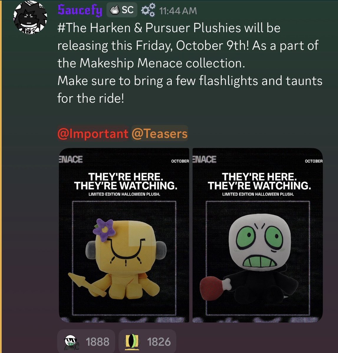 DODNews_'s tweet photo. 🚨

MERCH NEWS!

With a new announcement from Saucefy, The Harken and Pursuer plushies have been revealed! They’ll be releasing October 9th, so this Friday, as a part of the Makeship Menace collection!

#dieofdeath #dieofdeathroblox #dod #dodroblox https://t.co/CNDkV34z3G