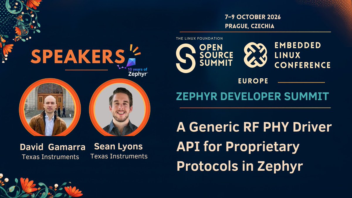 ZephyrIoT's tweet photo. Join TI’s Sean Lyons and David Fosca Gamarra at the Zephyr Developer Summit in Prague to explore a proposed RF PHY driver API for proprietary protocols, designed for portability across vendors. https://t.co/8ChSP8wy4u https://t.co/rkElYax5Fd