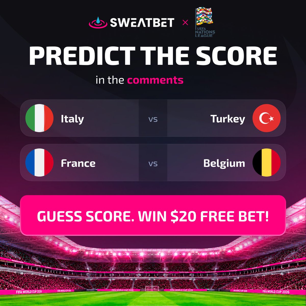 sweatbetio's tweet photo. #NationsLeague Predictions!

1⃣Predict the scores
2⃣Retweet
3⃣Claim $20 Free Bet

*Valid until 20:45 CET