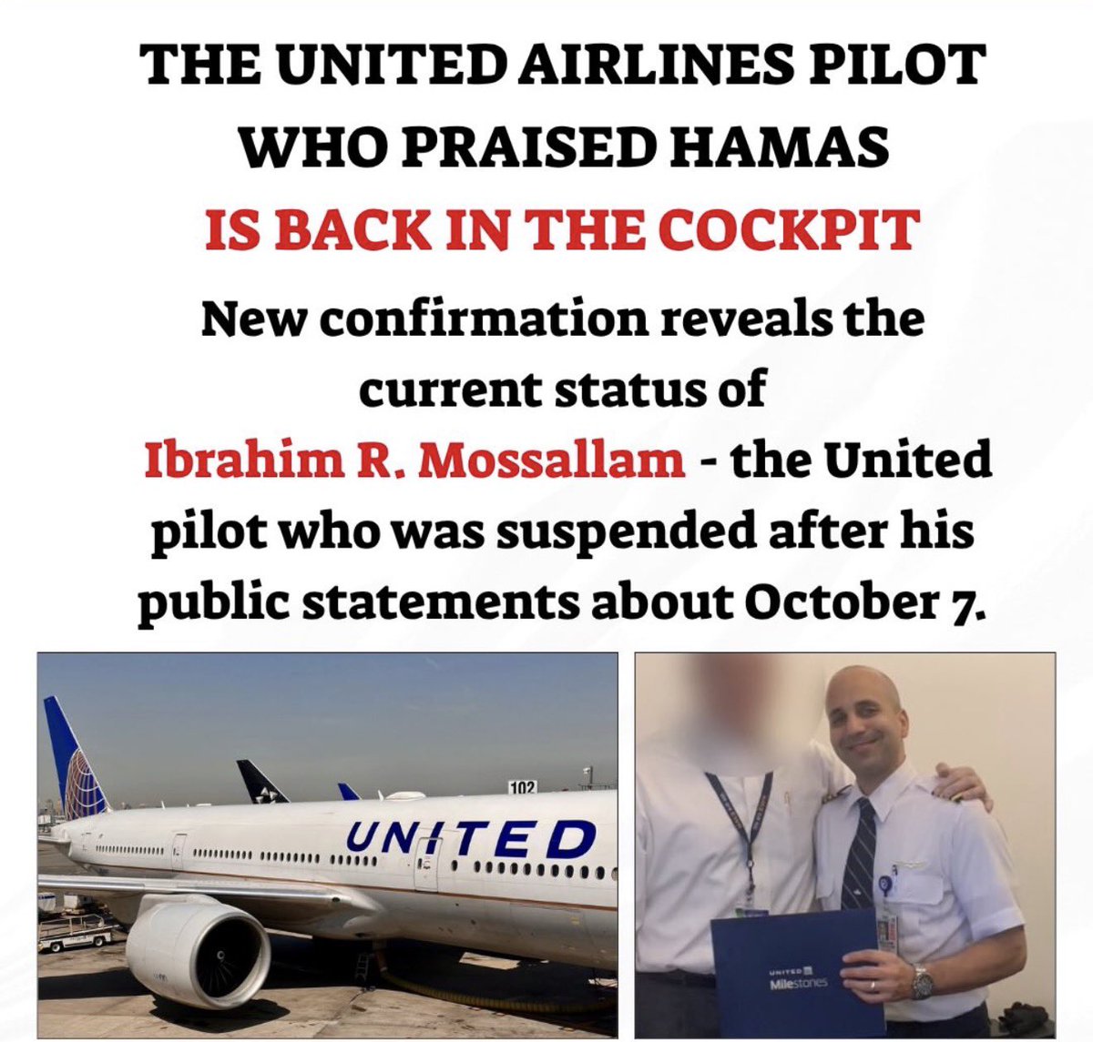 ncole_r's tweet photo. 🚨Ibrahim Mossollam, the pilot who praised Hamas on Oct.7, is active @united 

He currently flies Boeing 757 and 767 aircraft from Newark.

For now, he is flying routes involving Europe and destinations within the United States. https://t.co/issg4STnlQ
