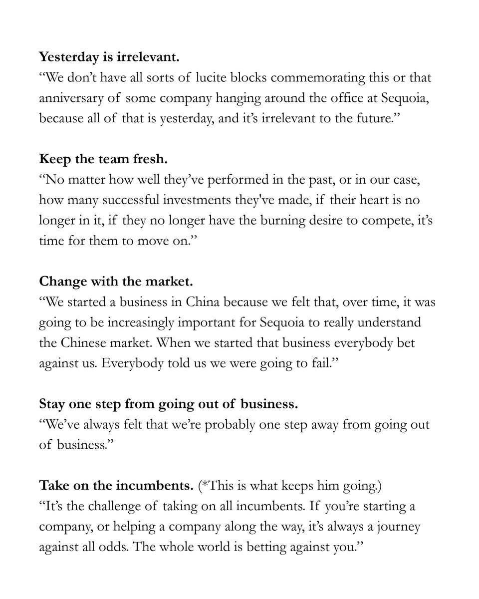 InvestLikeBest's tweet photo. Sam Altman (@sama) wrote that the hardest thing to do in business is build a company that keeps innovating and stays at the top of its industry for decades.

In 2016, he asked Michael Moritz how Sequoia has done it. Sam said the answer was so good that he asked if they could release it publicly, which YC had never done before.

Moritz's answer comes down to five ideas.

(1) Yesterday is irrelevant
(2) Keep the team fresh
(3) Change with the market
(4) Stay one step from going out of business
(5) Take on the incumbents (this is what keeps him going)