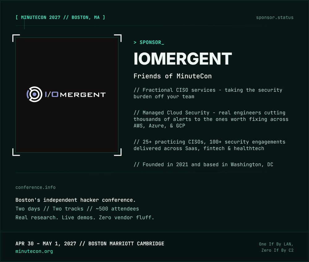 MinuteConBoston's tweet photo. 🔦 Sponsor Spotlight: IOmergent

Senior-level security leadership for growing companies: fractional CISO services, compliance support, and now managed cloud security. No full-time hire needed. 25+ practicing CISOs, DC-based since 2021.

Thank you for backing us!

#MinuteCon https://t.co/qLq2Yz76cD