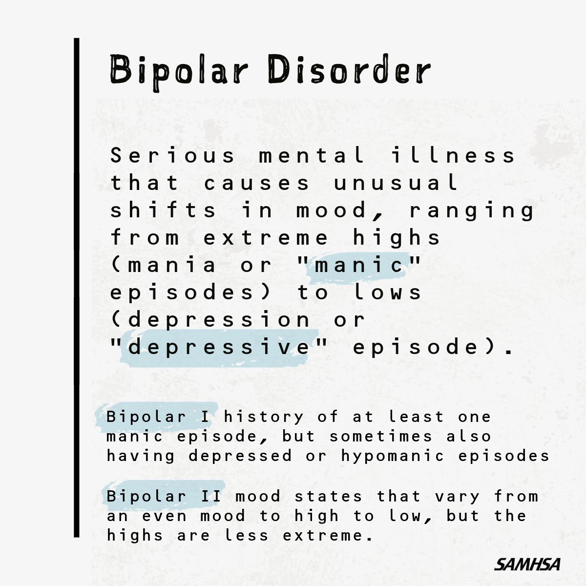 samhsagov's tweet photo. Bipolar disorder is a serious mental illness that causes unusual shifts in mood, ranging from extreme highs to lows. #MIAW

Learn about the different types of bipolar disorder, signs &amp; symptoms, treatment options, and how to find help. https://t.co/4E24yXkYV7 https://t.co/TzNX0GNJFr