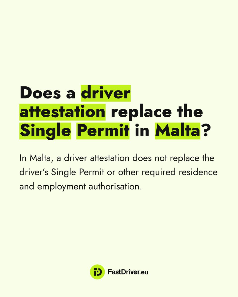 FastDriverEU's tweet photo. Does a driver attestation replace the Single Permit in Malta?
No. A driver attestation does not replace the Single Permit or other required residence and employment authorization.
Read more: https://t.co/gfuCaSd6Rq
#TruckDriver #Malta #DriverAttestation #SinglePermit https://t.co/mUv5EmZDHA
