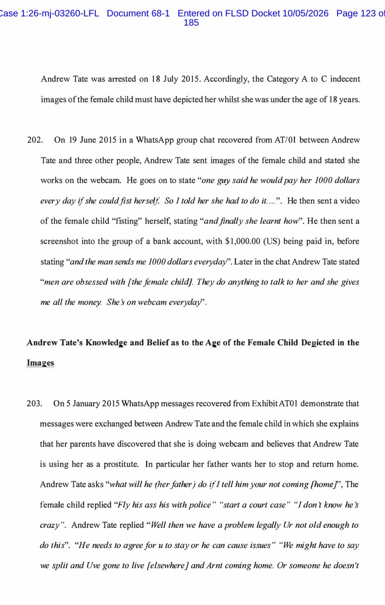 CrayonMurders's tweet photo. 🚨🇺🇸 Andrew and Tristan Tate’s extradition package has been published.

There are allegations of “possession of extreme pornography” where prosecutors allege there was evidence on Andrew’s device depicting intercourse with a horse and an eel. 

One of the indecent images of a child allegations claims Andrew and an adult female are in a sexualized video with a female child.

Another alleges he was selling sexual content of her on WhatsApp and she was working on webcam.