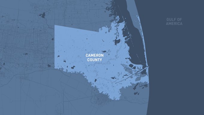 A blue-tinted map highlights Cameron County along the Gulf of America, with the county name labeled in white text in the center of the highlighted region.