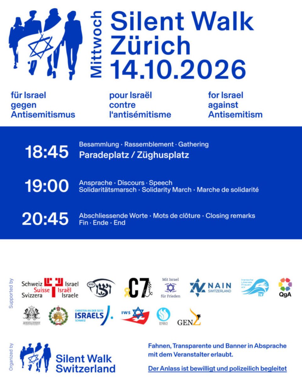 GSI_ASI_CH's tweet photo. 📍Zürich, 14. Oktober 2026
Silent Walk für Israel und gegen Judenhass
🇨🇭🤝🇮🇱🤝🦁☀️
Am Yisrael chai!
#Zurich #Schweiz #Israel #SilentWalk https://t.co/ZJBglWvfIE