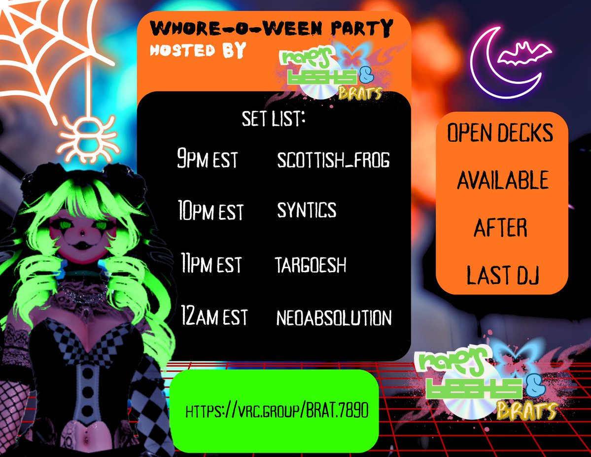RaeMae420's tweet photo. Welcome to Beats and Brats, a club to rave and misbehave! I'm hosting a whore-o-ween party on October 24th! We have 4 DJs lined up, but open decks are available after the final set! 
Age gated instance! 
#vrc #vrchat #vrdj #vrclub https://t.co/KKIRfBvAoe