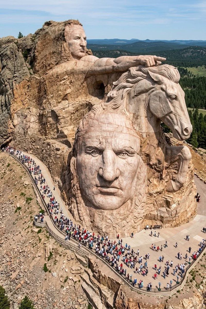 _nativeamerica's tweet photo. The Crazy Horse Memorial in South Dakota is one of the world’s largest mountain carvings in progress.
The top image shows the full design plan — a Native American warrior named Crazy Horse sitting on a horse and pointing ahead, honoring Native pride and history. https://t.co/7zzZrwSHVj