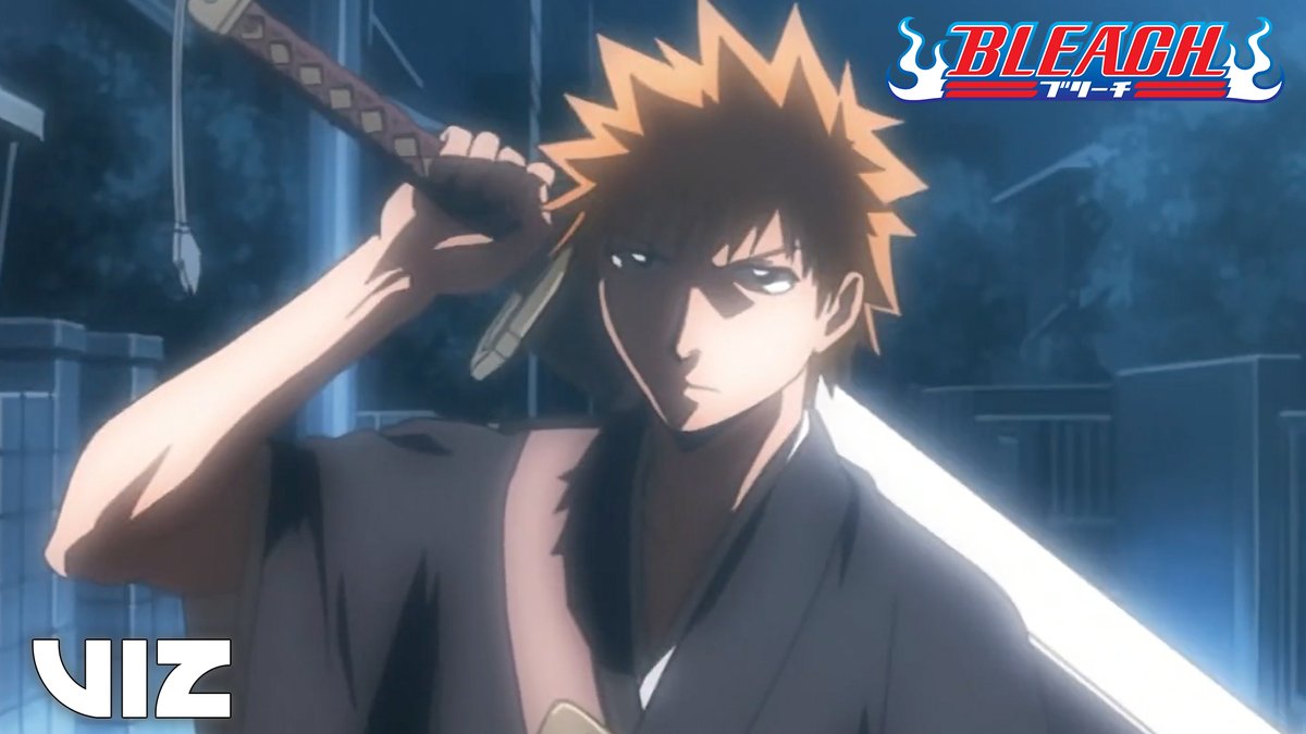 The image features Ichigo Kurosaki from the anime BLEACH, with his signature orange spiky hair, holding his sword in a ready stance against a moonlit backdrop. The "BLEACH" logo appears in the top right corner, and the "VIZ" logo is in the bottom left, tying the promotional post about the series' 20th anniversary to its iconic protagonist.