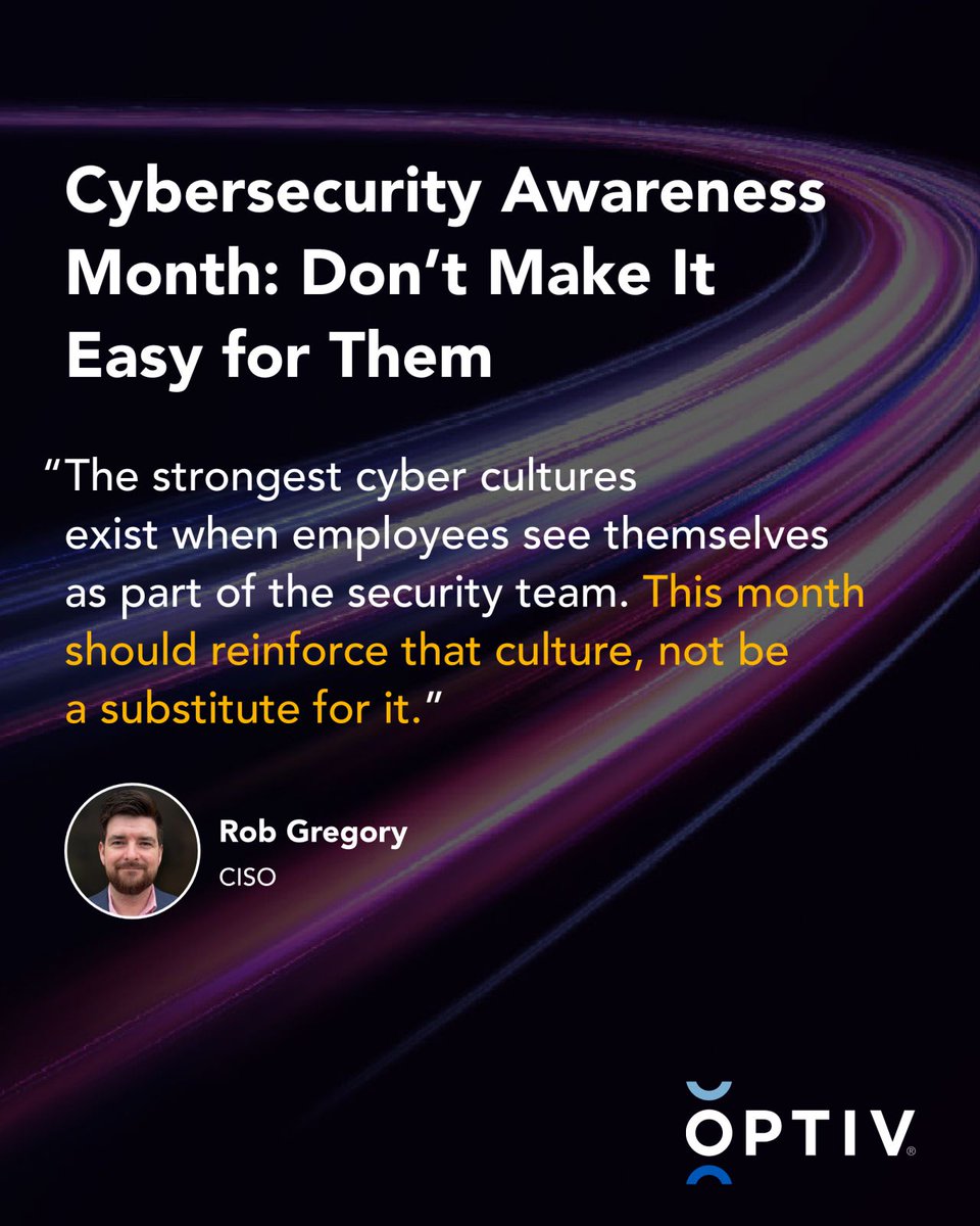 Optiv's tweet photo. In Cyber Magazine, CISO Rob Gregory highlights the importance of practicing secure habits year-round, not just during October. #OptivNews

Read more: https://t.co/OTQR6iKWZ7 https://t.co/IGE7HCg0jh