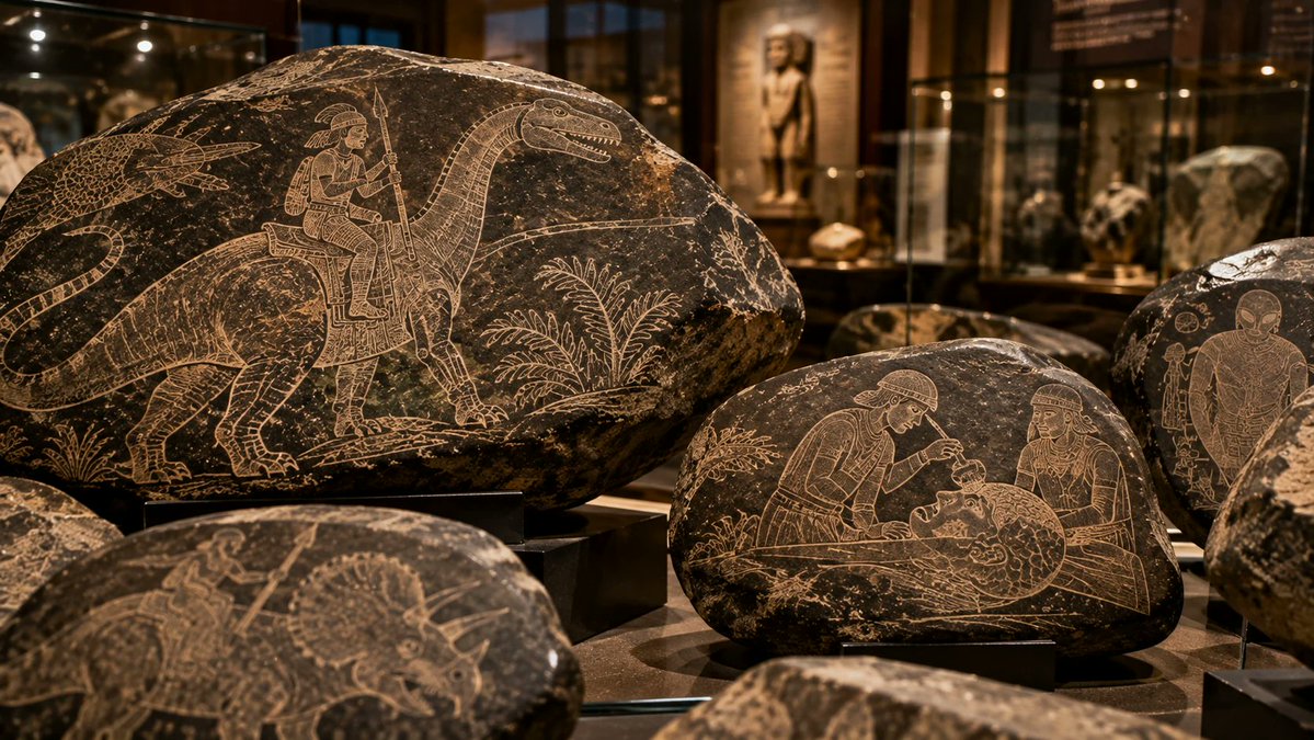 PyramidGuyUFO's tweet photo. Thousands of mysterious engraved stones emerged from Peru depicting scenes that shouldn't exist.

Humans living alongside dinosaurs.

Complex surgical procedures.

Telescopes and advanced technology.

If the Ica Stones were genuinely ancient, they could rewrite human history.

So what are they?