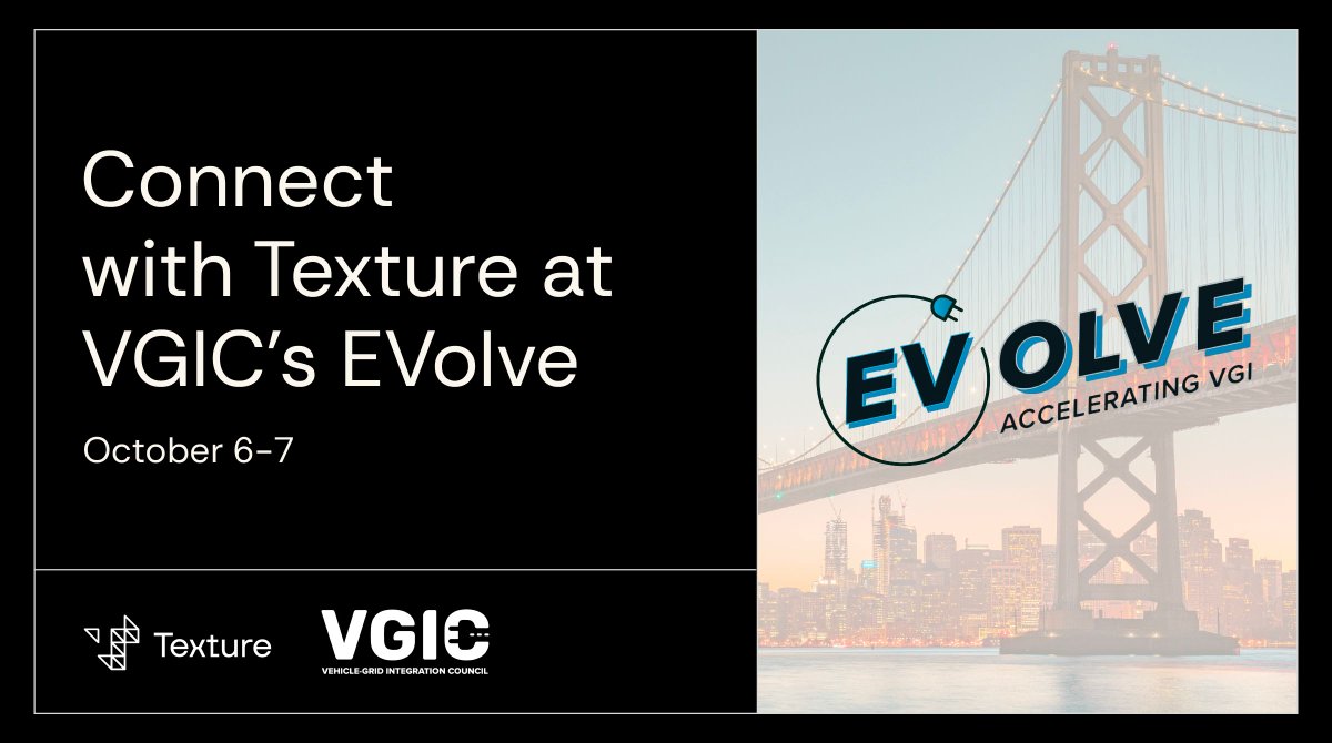 TextureEnergy's tweet photo. Texture's heading to the San Francisco Bay Area this week for VGIC's EVolve conference.

EVolve is VGIC's annual conference on managed charging and vehicle-to-grid programs. Texture connects grid data like AMI, GIS, SCADA, and device data into one model that utilities can actually work from, including the EVs and chargers showing up behind the meter.

@VictorQuinn and Jes Hudgins will be there for the full two days. If you’ll be there, let's find time to talk.

Learn more: https://t.co/EBZqXR1Q11
