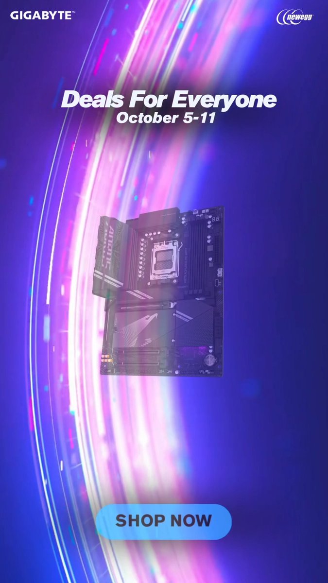 An advertisement graphic for GIGABYTE and Newegg featuring 'Deals For Everyone October 5-11' with a computer motherboard displayed against a vibrant purple background and a 'SHOP NOW' button.