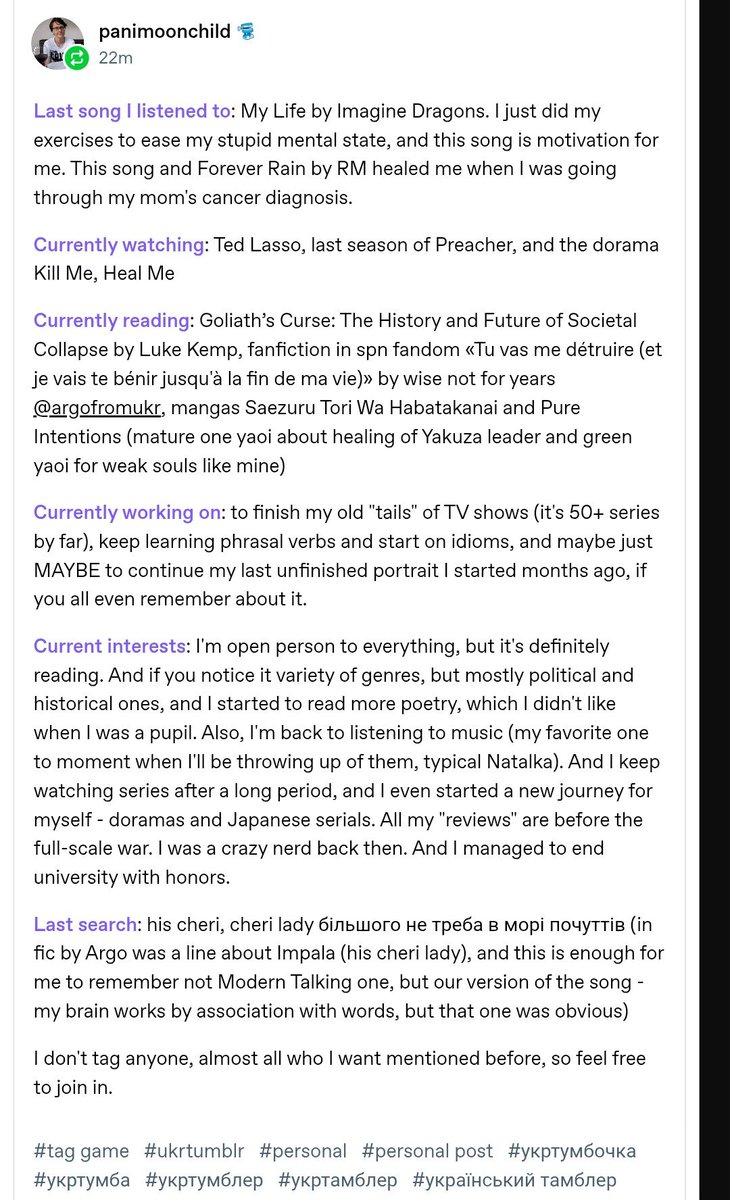 Pani_Moonchild's tweet photo. One simple tag game on tumblr, and you can basically know almost everything about me😅🤷 I'm a crazy #nerd, yeah 🤓
#book #reading #music #tvseries #tvshows #manga #hyperfixation #interests #укртві https://t.co/dWSj5zvOAu