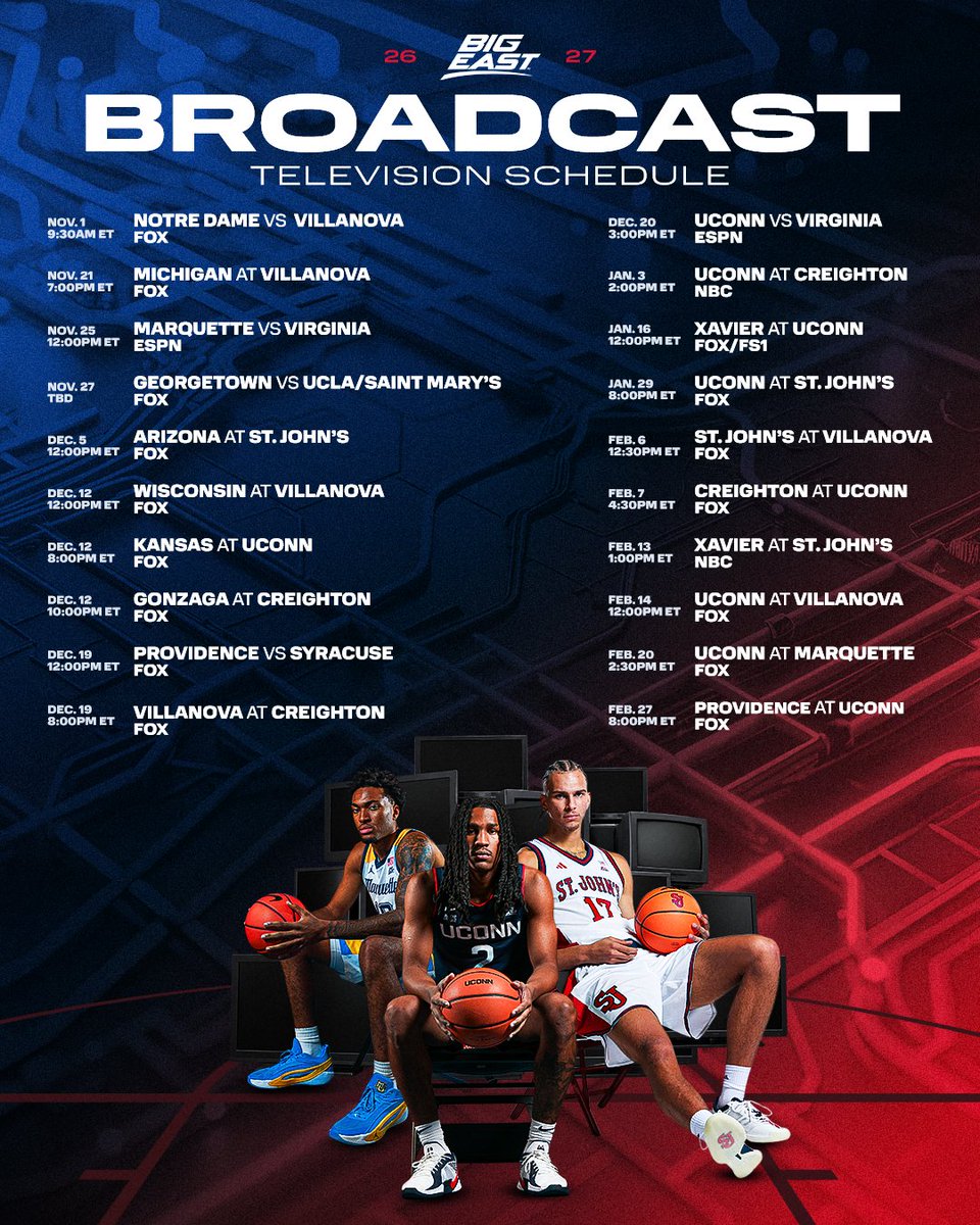 BIGEASTMBB's tweet photo. The 2026-2027 BIG EAST Men's Basketball television assignments have been announced. 📺🏀

📰: https://t.co/ScYMpH1Kss https://t.co/aznBhh0ZfC