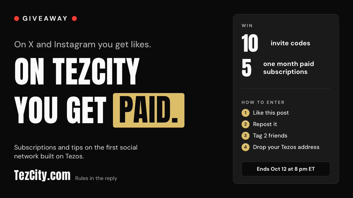 tezcity's tweet photo. 🔴 GIVEAWAY 🔴

On X and Instagram you get likes.

On https://t.co/TqTbjojOqX you get PAID.

Subscriptions and tips on the first social network built on @tezos.

Like, repost, tag 2 friends and drop your Tezos address below to win an invite code or a free subscription. Rules in reply.