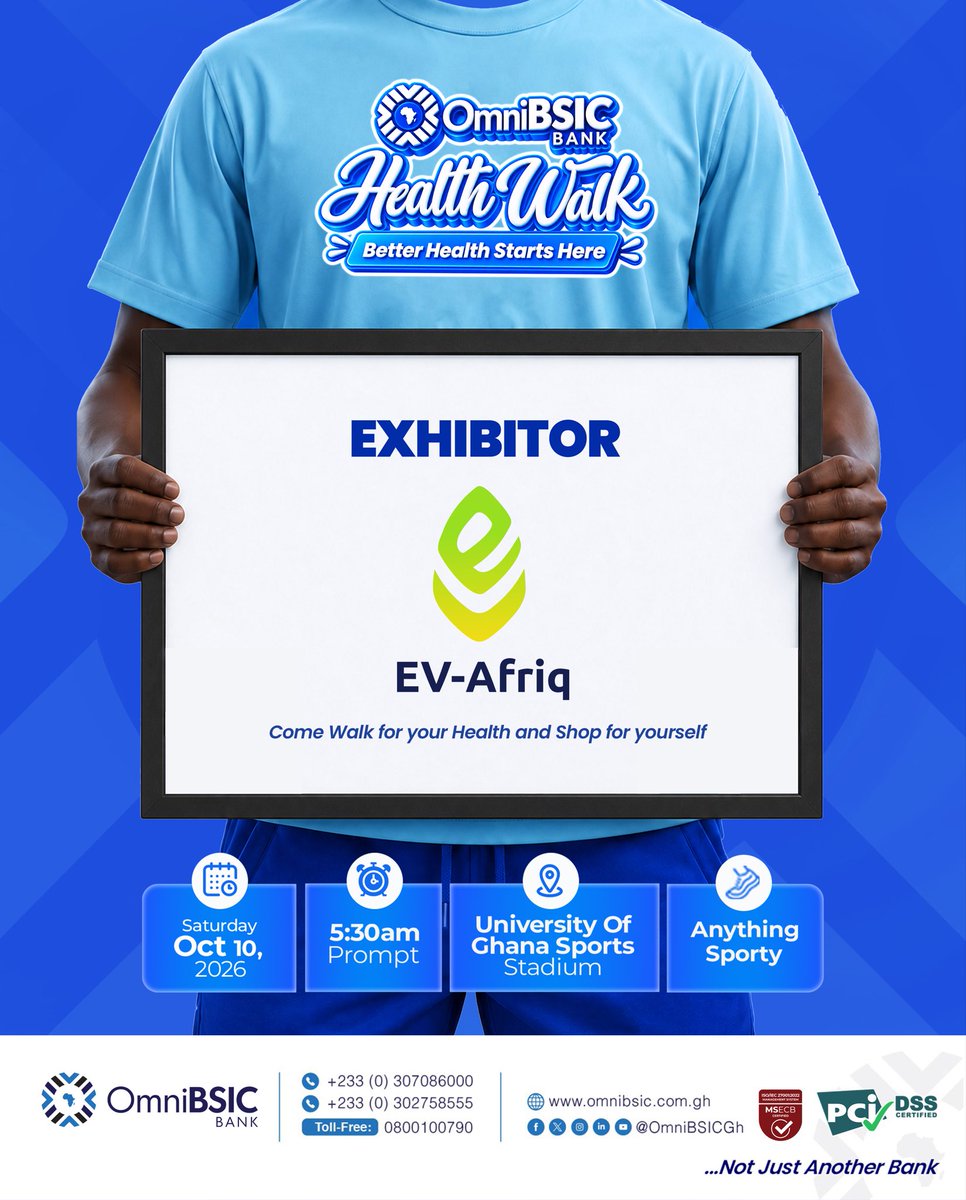 EV_Afriq's tweet photo. Health, movement and electric mobility all in one morning.

EV Afriq is proud to be an Exhibitor at the OmniBISC Bank Health Walk 2026

Join us on Saturday, October 10, 2026, at 5:30 AM at the University of Ghana Sports Stadium for a morning of fitness. https://t.co/QT3WYnGQ2t