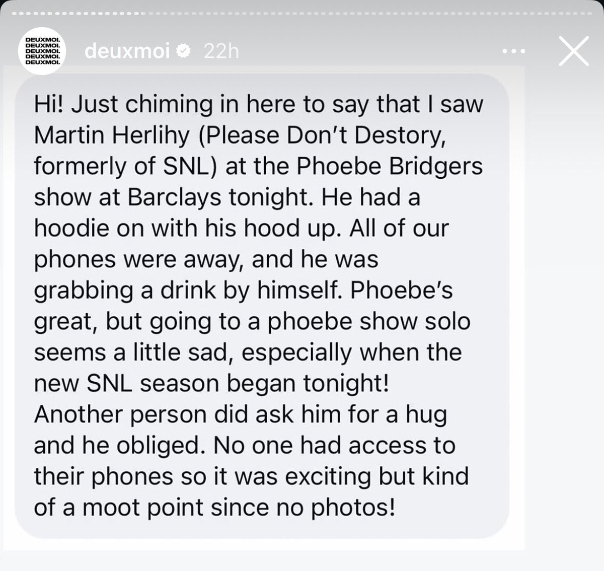glamdemon2004's tweet photo. Imagine you go to a no phones show and and soon as people get their phones back they’re dming deuxmoi to call you a chud 😭 https://t.co/WAxxALrg7L