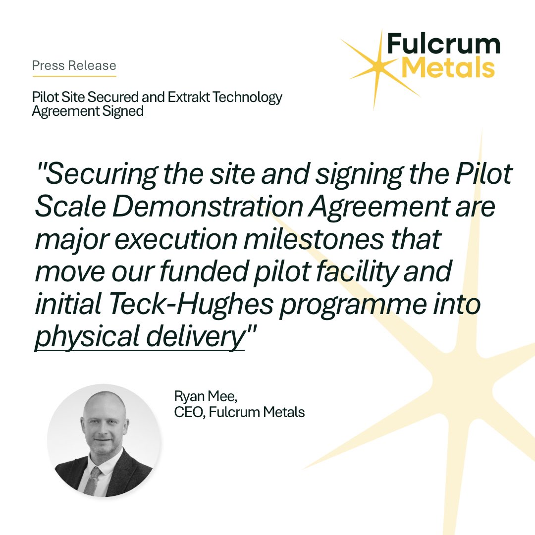 FulcrumMetals's tweet photo. 📢 Pilot Site Secured and Extrakt Technology Agreement Signed

Fulcrum Metals has secured the site for its standalone, multi-project pilot facility in Mississauga, Ontario 🇨🇦, and signed a Pilot Scale Demonstration Agreement with Extrakt Process Solutions and Test Design Implement Solutions. This establishes the site, technology and delivery framework for our funded pilot facility and initial Teck-Hughes programme. 

Successful pilot testing at Teck-Hughes is a key condition of the proposed US$20 million Chancery Royalty financing, providing a potential non-equity pathway towards commercial development.

🔗 https://t.co/sifHLIMGHY

#Mining #Gold #Copper #RareEarths #Lead #Silver #Gallium  #FMET

AIM:FMET | OTCQB:FULMF | FSE:J2M