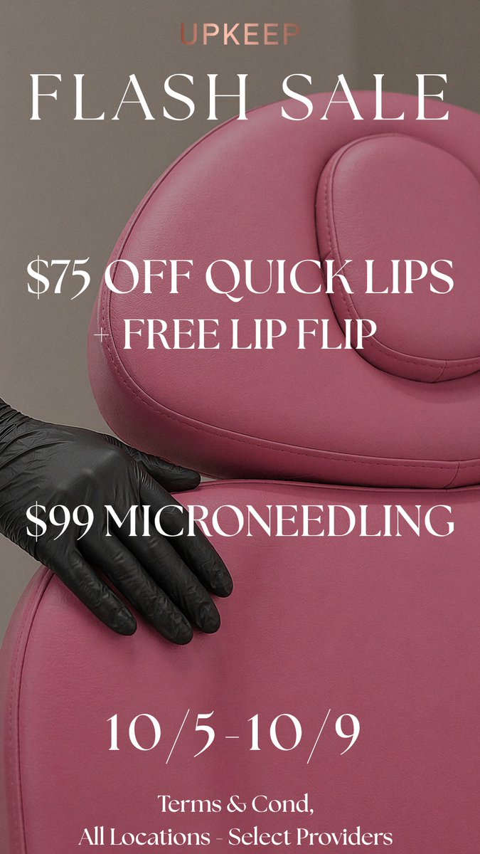 UPKEEPMEDSPA's tweet photo. Your fall refresh is calling. 💋 UPKEEP FLASH SALE, October 5–9:

✨ $75 OFF Quick Lips + FREE lip flip
✨ $99 microneedling

Book your spot! All locations, select providers. Terms apply.

#UPKEEPMedSpa #QuickLips #Microneedling https://t.co/Z5C6me34Go