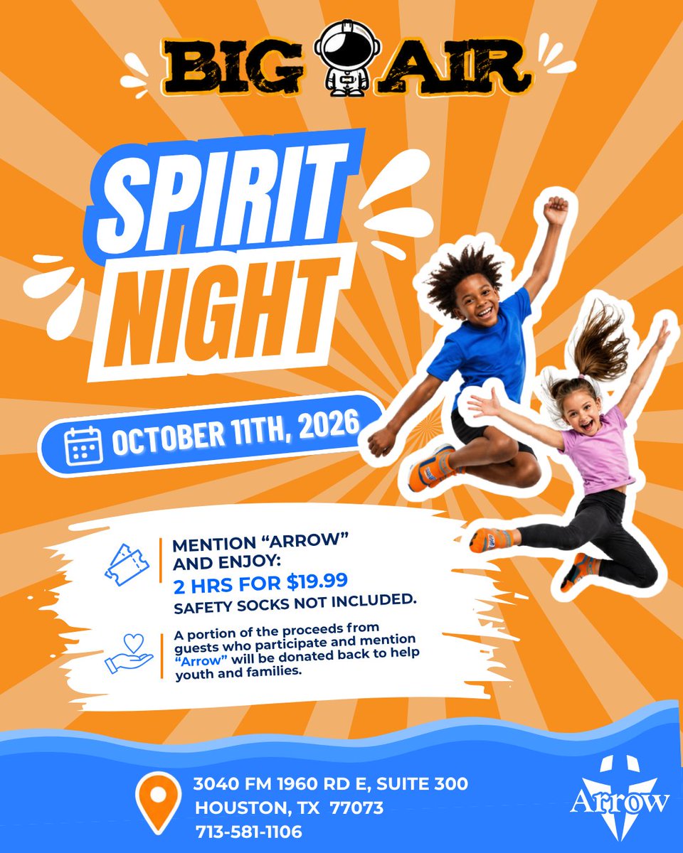 arrowcfm's tweet photo. Houston, come jump with us! 🚀

Join Arrow at Big Air North Houston on Oct. 11 from 11 AM–9 PM for Spirit Night. Mention “Arrow”* for 2 hours of jump time for $19.99, and a portion of proceeds will support Arrow’s work with youth and families.

#Houston #GiveBack https://t.co/GF9QTnm0wT