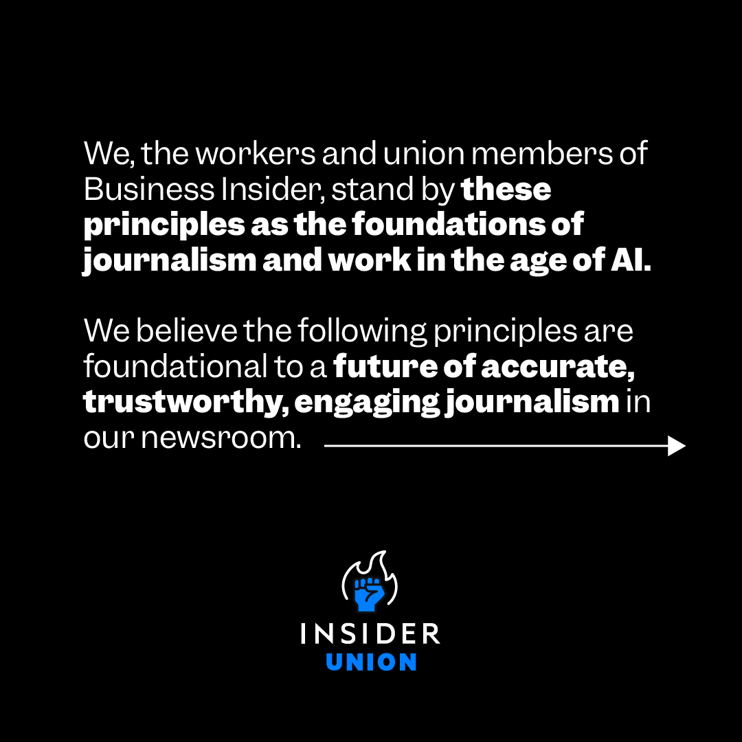 InsiderUnion's tweet photo. Our union is currently negotiating for sensible AI protections in our workplace. We believe in three basic principles when it comes to artificial intelligence in our newsroom: (1/7) https://t.co/Xu01ROxITY