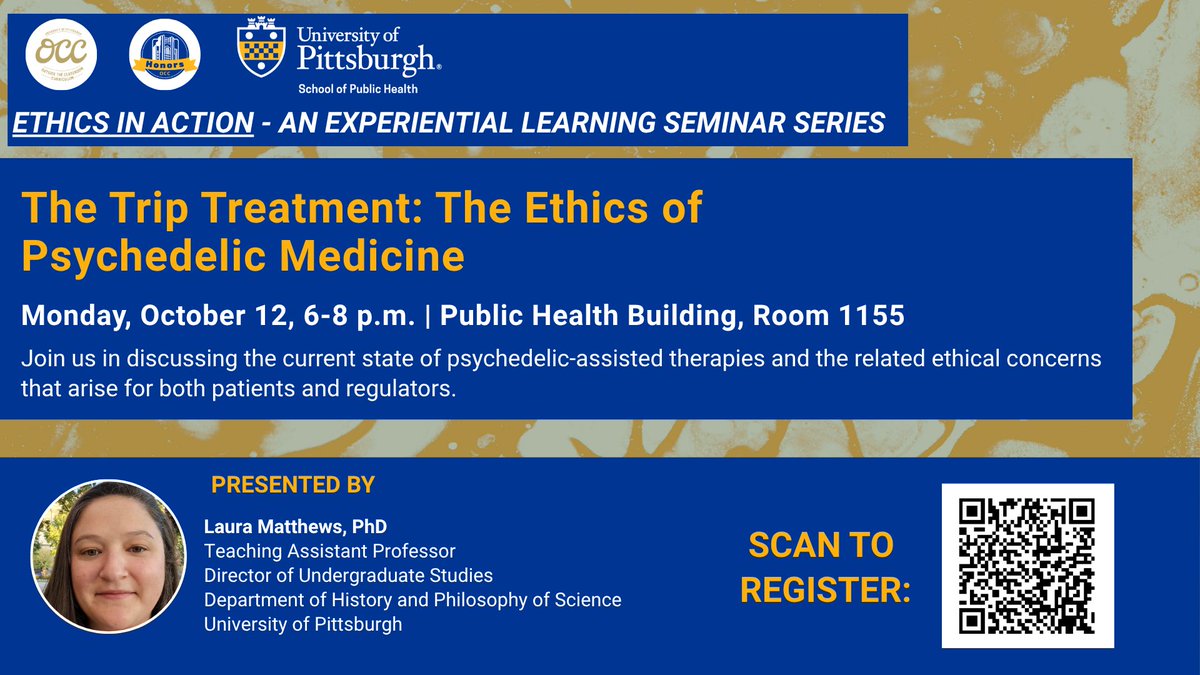 PittPre's tweet photo. Join @PittPubHealth for the presentation, "The Trip Treatment: The Ethics of Psychedelic Medicine”, on 10/12, at 6-8pm in Room 1155 in the Public Health Building.

Registration required: https://t.co/otn9kunnrl

@PittTweet @PittPre @PittHealthSci @PittStudents @PittProvost https://t.co/vHvEbwS6Ao