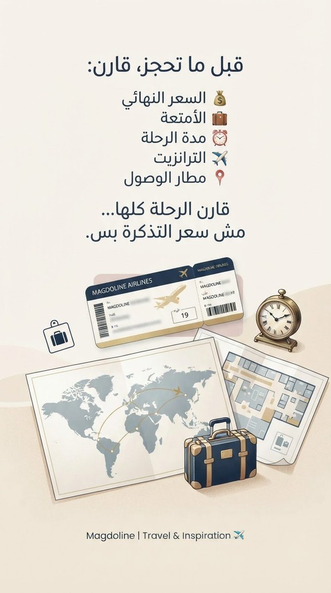 magdoline30's tweet photo. أرخص تذكرة؟ مش بالضرورة أوفر رحلة ✈️
قارن السعر، مدة الرحلة، الترانزيت، الأمتعة ومطار الوصول قبل ما تحجز.

📌 احفظ البوس�� قبل الحجز، وخلي Magdoline تساعدك تخطط أذكى. 🤍

#flightbooking #travelplanning #cheapflights #traveltipsandtricks #traveldiaries✈️ https://t.co/sLrjmW9toz