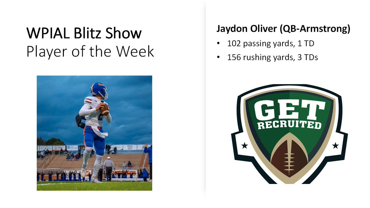 WPIAL_Blitz's tweet photo. Our @Get__Recruited Player of the Week was @oliver_jaydon from @ArmstrongRiverh with over 250 total yards and 4 total TDs in their win over undefeated Plum!

Other top performers: @KingNedReidIV @JermaineWa10848 @tevinowencrats Jasyn Williams @elisalvini67 @Ryan_Huey3 https://t.co/do03YXvDQX