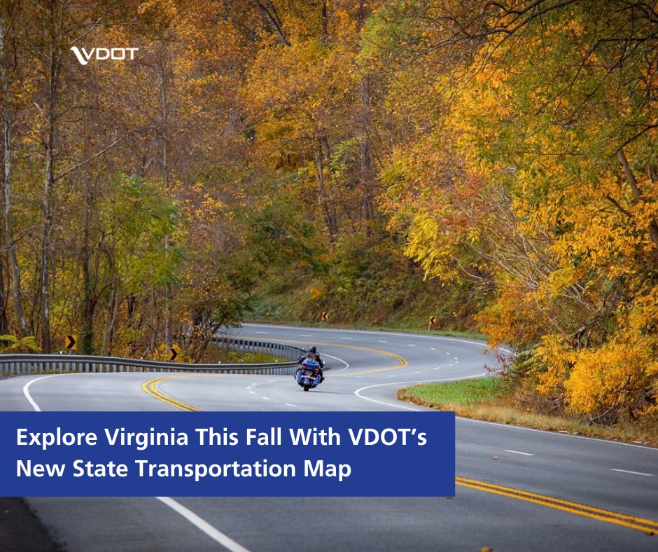 VaDOT's tweet photo. 🍂 Ready to explore Virginia this fall? From peak foliage and apple picking to festivals and historic sites, there's plenty to see across the Commonwealth. 

Read more &amp; get VDOT's newly updated State Transportation Map before you hit the road: https://t.co/6x3IxD3S4m https://t.co/Bs7Vj1c2wr