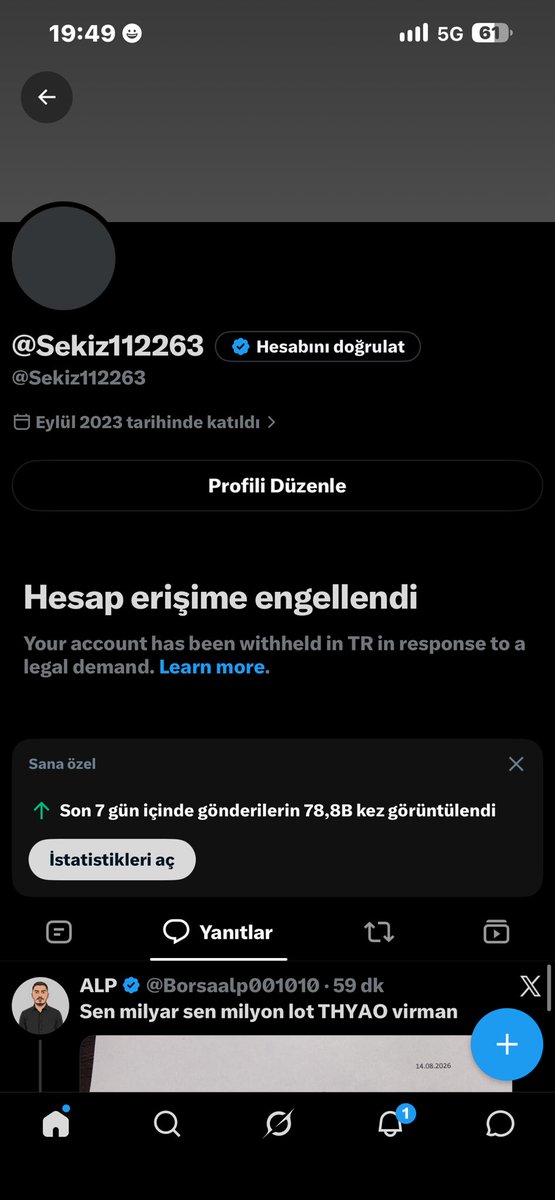 sekiz112288's tweet photo. @Borsaalp001010 Hesabımı kapattılar 🤣🤣 https://t.co/it7n1N15vM