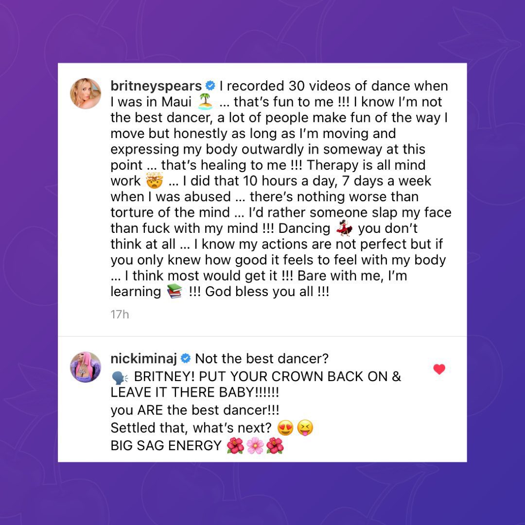 NICKIMINAJ_COL's tweet photo. 💝In 2022, THE QUEEN @NICKIMINAJ sent @britneyspears a message of encouragement after she questioned her dancing skills:

“Not the best dancer?
BRITNEY! PUT YOUR CROWN BACK ON &amp;
LEAVE IT THERE BABY!!! you ARE the best dancer!!!
Settled that, what's next?😍😝
BIG SAG ENERGY🌺🌸🌺” https://t.co/RtA4YM1gj9