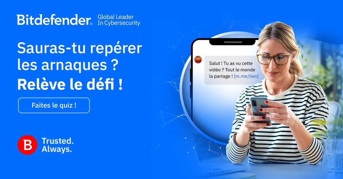 BitdefenderFR's tweet photo. Saurez-vous démasquer les arnaques ? 
9 personnes sur 10 se trompent au moins une fois. 
Pensez-vous pouvoir faire mieux ?