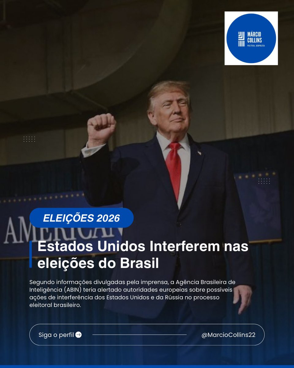 MarcioCollins22's tweet photo. AMERICANOS MOLDAM OS RESULTADOS ELEITORAIS NO BRASIL:

A Agência Brasileira de Inteligência (Abin) informou a autoridades francesas e alemãs que os americanos estariam interferindo na disputa, segundo documentos e relatos obtidos pela imprensa.

O relatório reservado, intitulado “Ameaças ao processo eleitoral de 2026”, foi enviado no fim de agosto ao Palácio do Planalto, ao Ministério da Justiça e ao Tribunal Superior Eleitoral (TSE).

O conteúdo foi revelado em 19 de setembro pela Folha de S.Paulo e confirmado por CNN Brasil e TV Brasil.